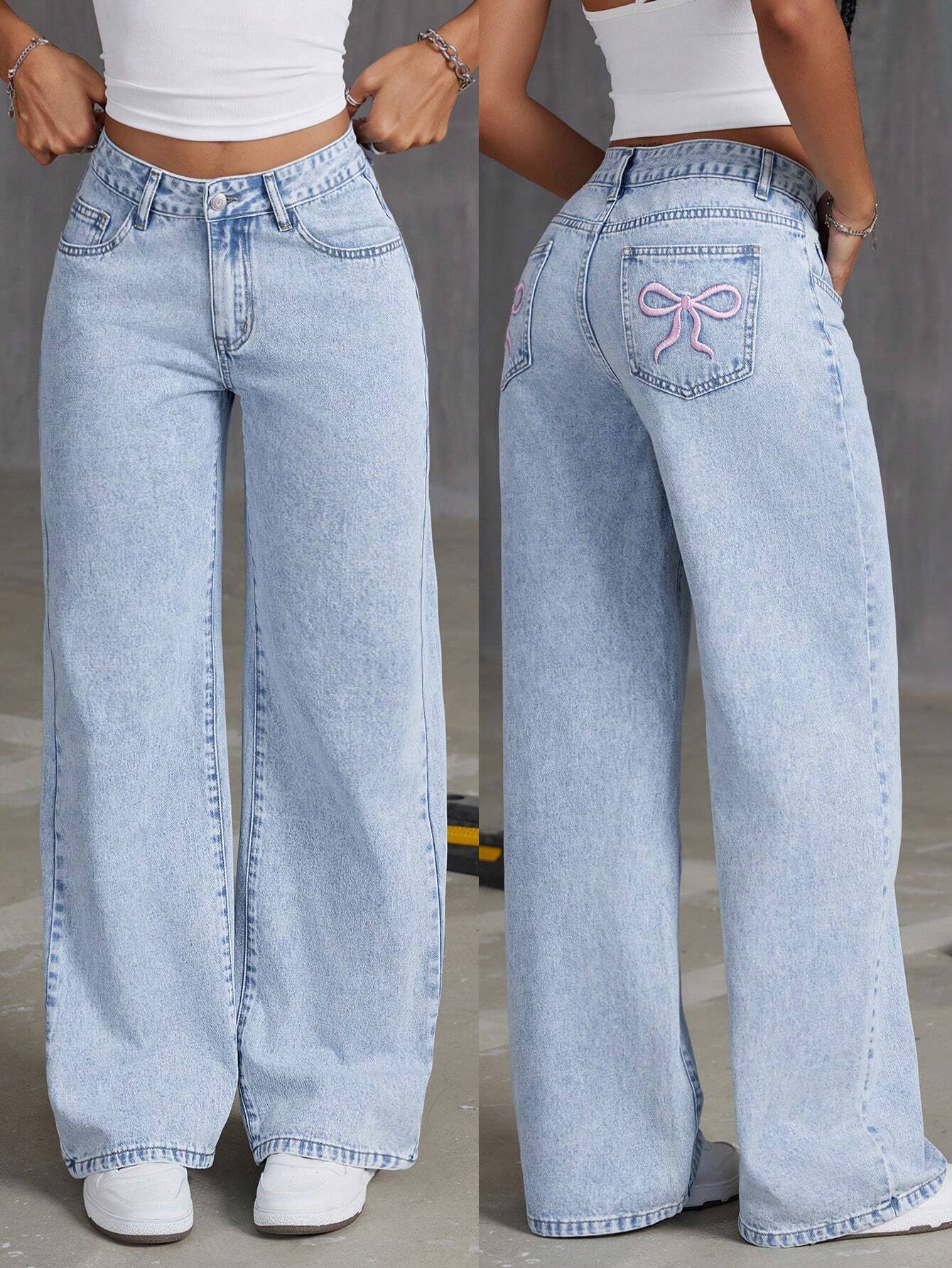 Step Up Your Style with ICON Women's Embroidered Bowknot Light Wash Denim Jeans