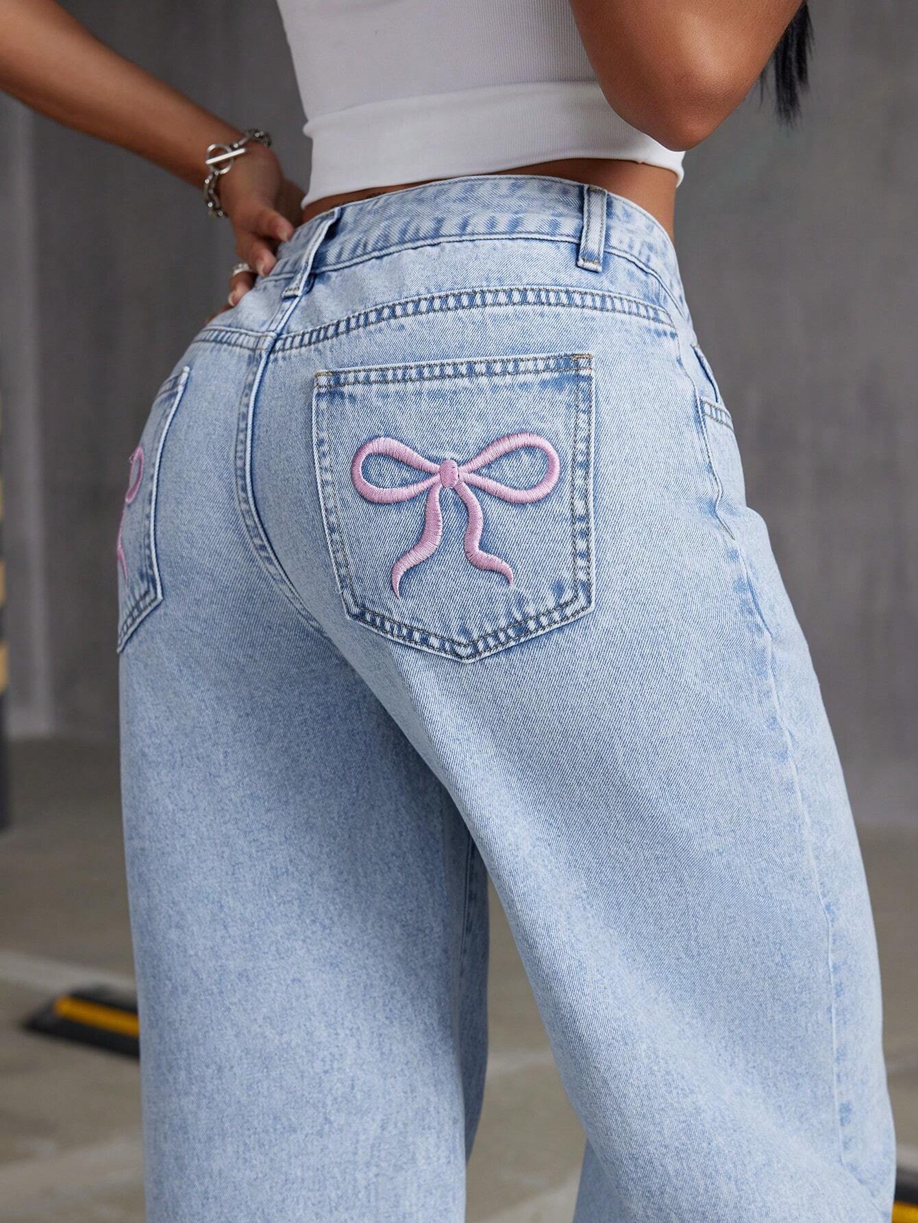 Step Up Your Style with ICON Women's Embroidered Bowknot Light Wash Denim Jeans