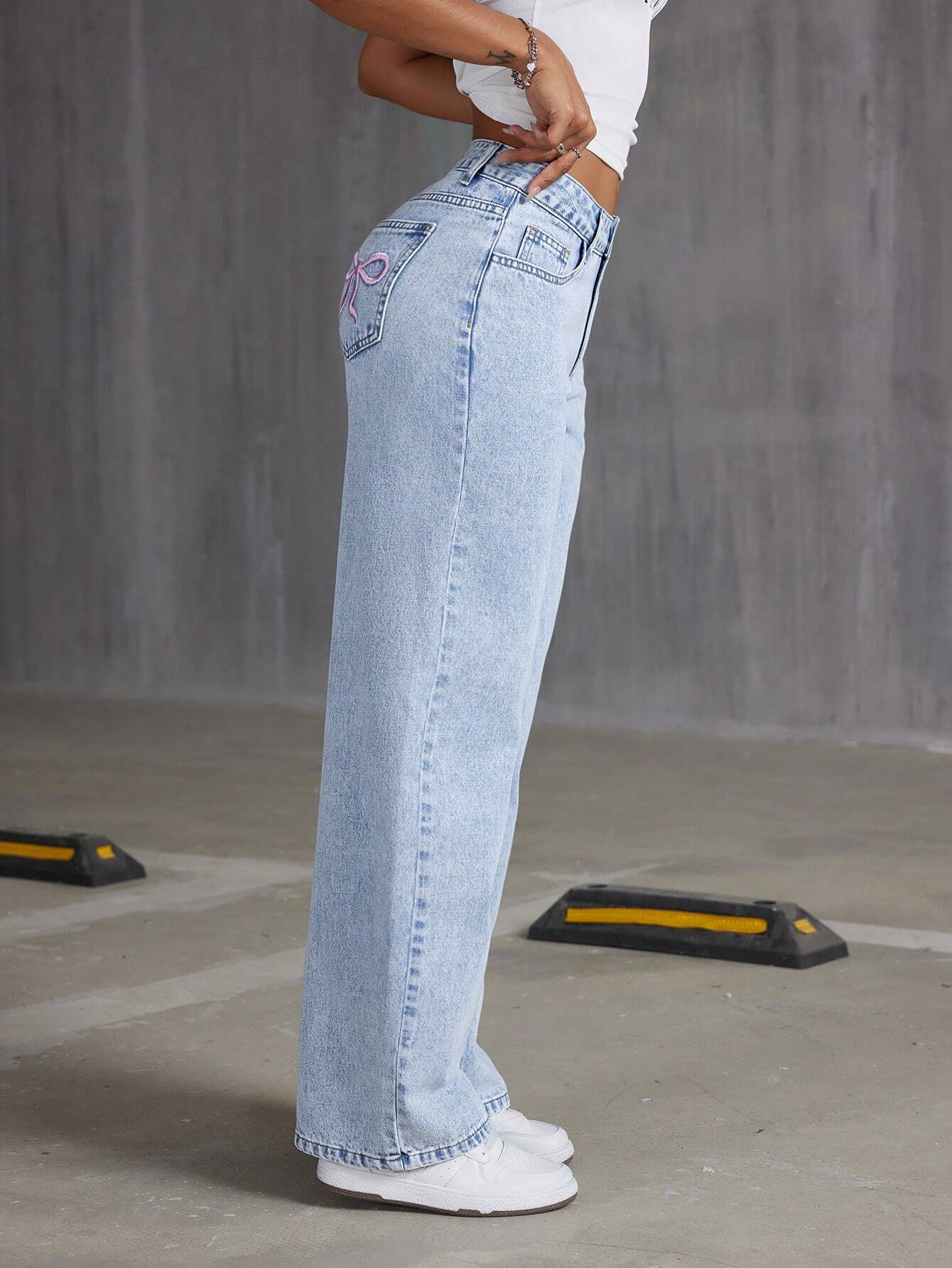 Step Up Your Style with ICON Women's Embroidered Bowknot Light Wash Denim Jeans