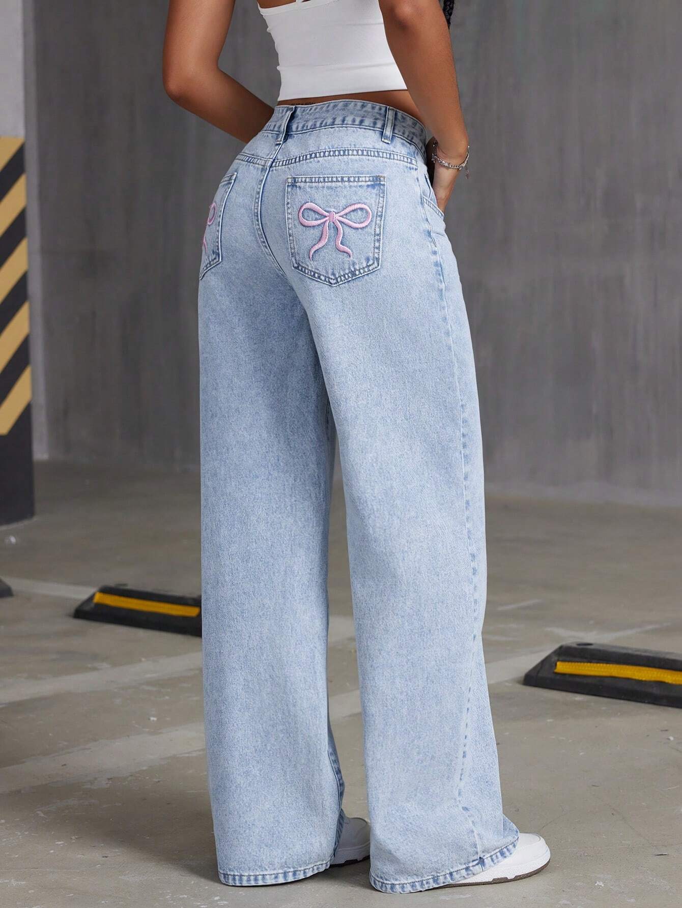 Step Up Your Style with ICON Women's Embroidered Bowknot Light Wash Denim Jeans