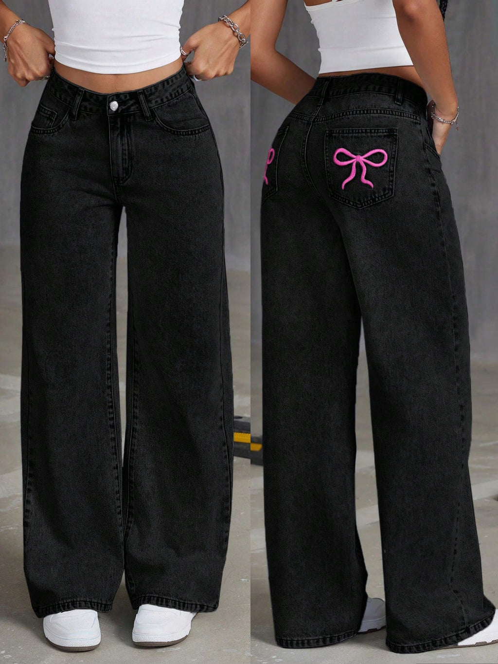 Step Up Your Style with ICON Women's Embroidered Bowknot Light Wash Denim Jeans