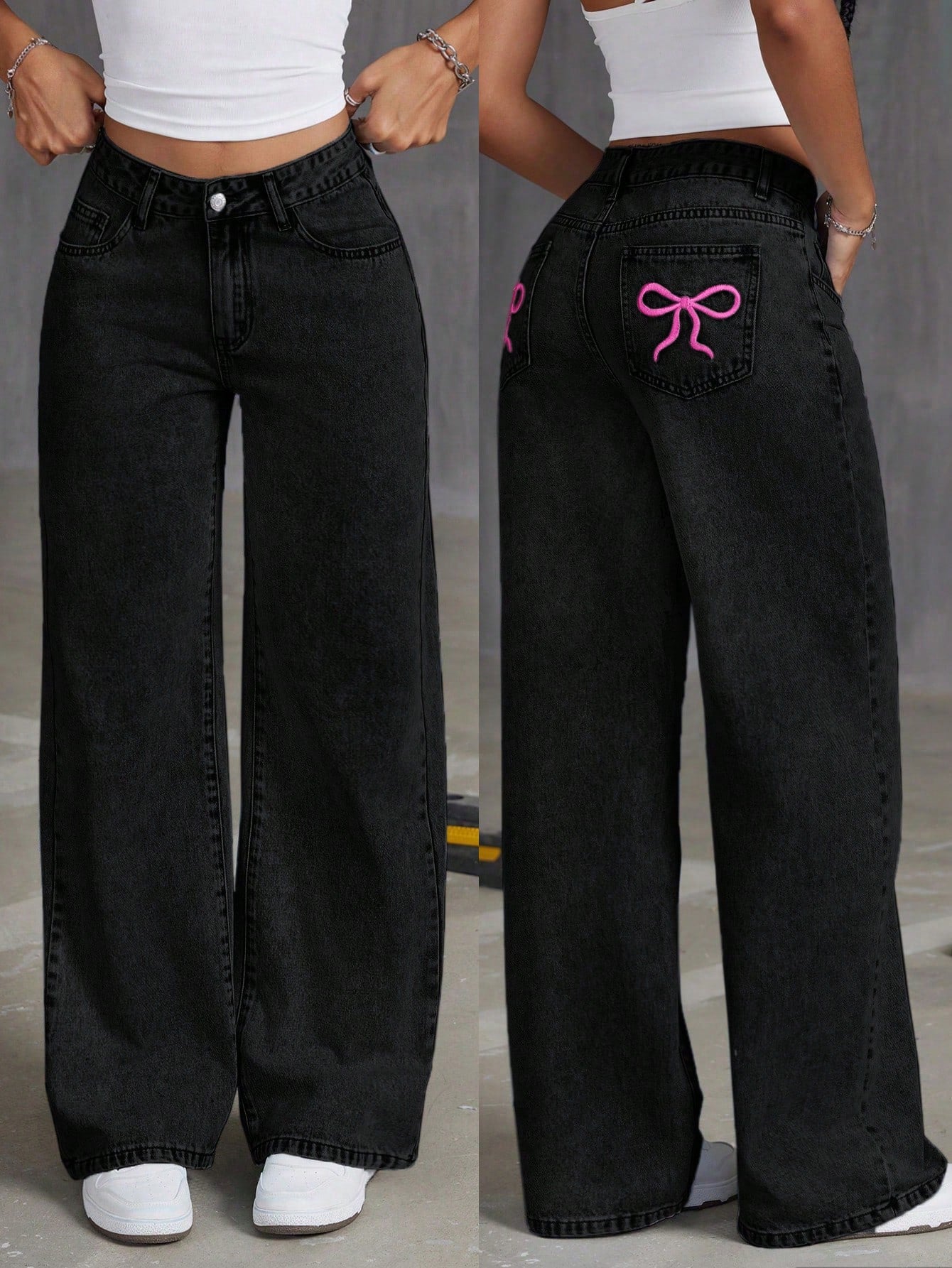 Step Up Your Style with ICON Women's Embroidered Bowknot Light Wash Denim Jeans