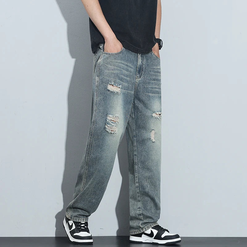 Vintage Ripped Baggy Jeans, Men's Hip-Hop Fashion Straight Streetwear jeans