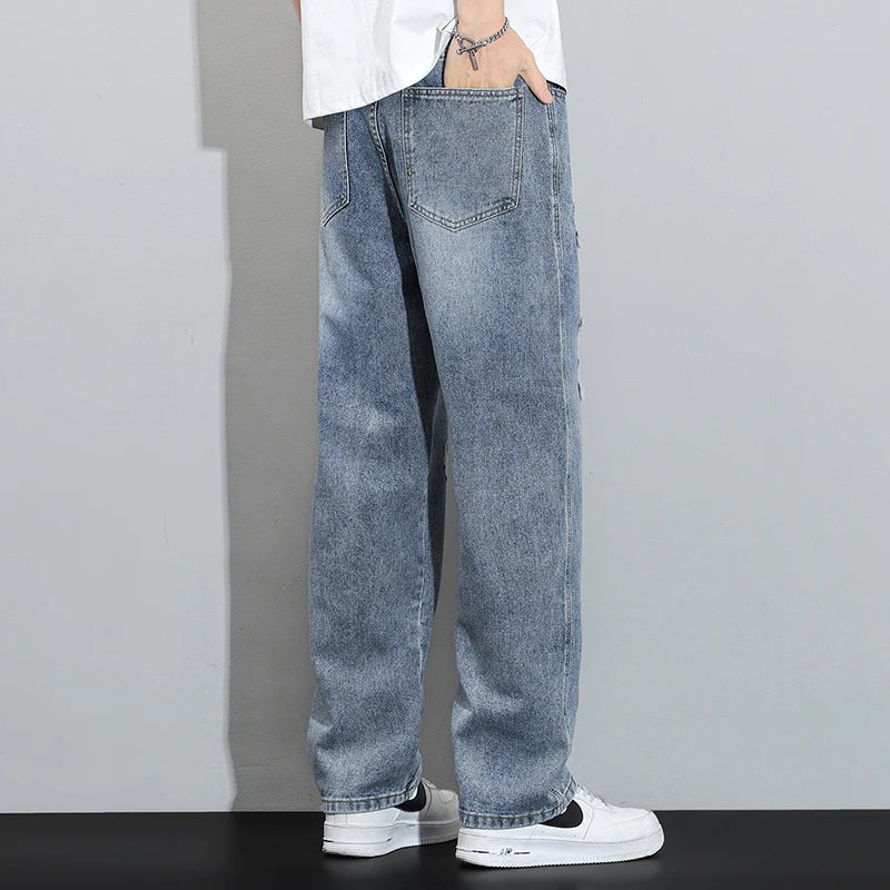 Vintage Ripped Baggy Jeans, Men's Hip-Hop Fashion Straight Streetwear jeans