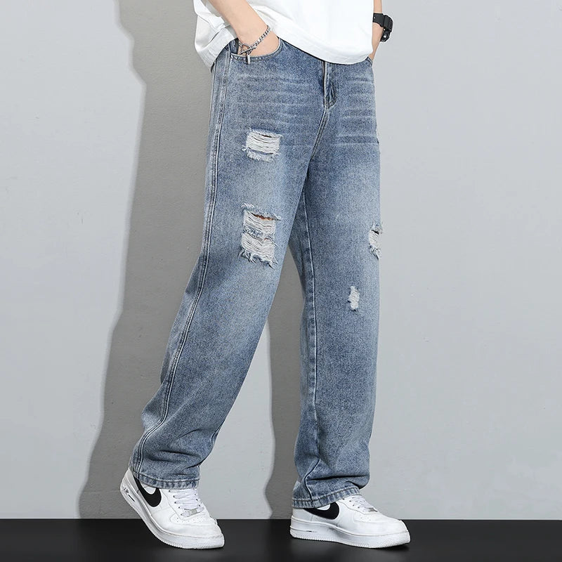 Vintage Ripped Baggy Jeans, Men's Hip-Hop Fashion Straight Streetwear jeans