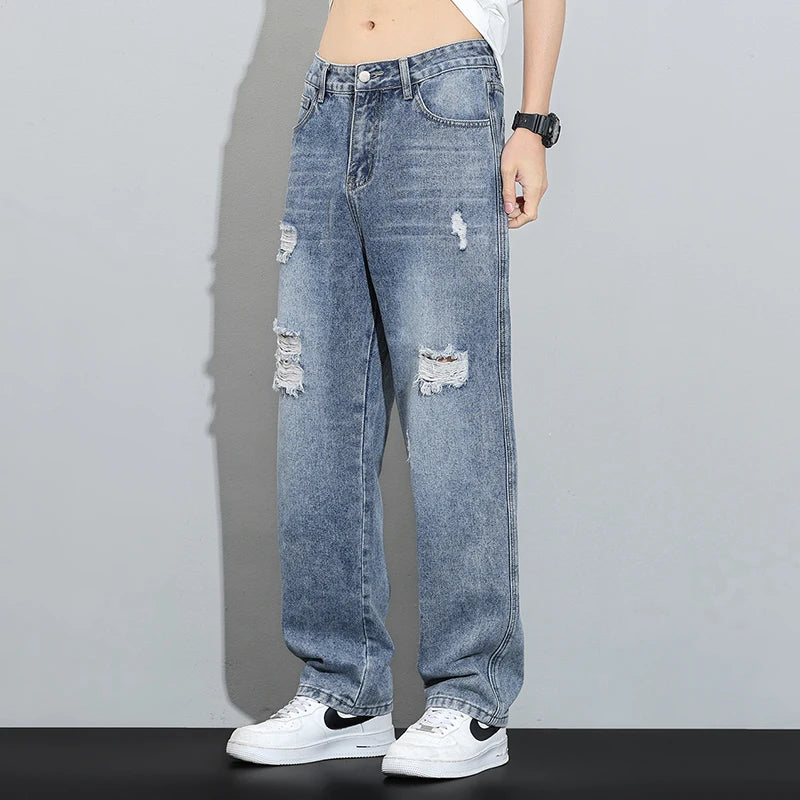 Vintage Ripped Baggy Jeans, Men's Hip-Hop Fashion Straight Streetwear jeans