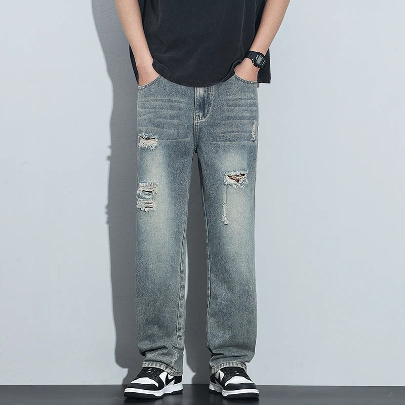 Vintage Ripped Baggy Jeans, Men's Hip-Hop Fashion Straight Streetwear jeans